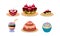 Flat vector set of tasty desserts. Appetizing cakes and pies, cupcake and cocktail. Sweet food and drink
