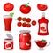 Flat vector set of tomato food and drinks. Healthy juice, ketchup and sauce, canned products. Natural and tasty products