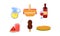 Flat vector set of traditional French picnic food and drinks. Lemonade, wine, ice cream and watermelon dessert, sandwich