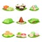 Flat vector set of traditional Indonesian sweets. Delicious desserts. Oriental food. Design for menu, poster or recipe