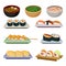 Flat vector set of traditional Japanese food. Soups, rice balls on wooden stick and different kinds of sushi. Delicious