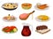 Flat vector set of traditional Spanish food and drink. Paella, refreshing gazpacho soup, grilled chicken with sauce