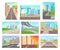 Flat vector set of urban landscapes with roads and high-rise buildings. Empty city streets. Modern cityscapes