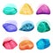 Flat vector set of various glossy gemstones. Shiny precious stones. Geology theme. Elements for mobile game asset