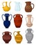 Flat vector set of various jugs. Glass pitcher for water. Antique ceramic vases. Large vessels for liquids. Decorative