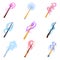 Flat vector set of various magic wands with bright sparkles. Sticks with magical power. Witchcraft theme