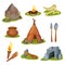 Flat vector set of various prehistoric objects. Stone with drawing, cave, bones and tooth, weapon and working instrument