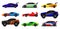 Flat vector set of various racing cars. Fast sports automobiles. Side view. Elements for advertising poster, mobile or