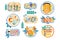 Flat vector set of various seafood dishes. Boiled crab, mussels, shrimps, salmon, tuna, sushi and sandwiches with caviar