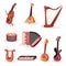 Flat vector set of various strings, keyboards and percussion musical instruments. Element for advertising banner or