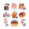 Flat vector set of various tasty desserts with gradients and texture. Cakes, cupcake, donuts, ice-cream, pancakes