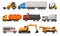 Flat vector set of various types of vehicles. Semi trucks, dumper, food van, tractor, forklift and heavy construction