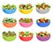 Flat vector set of vegetable and fruit salads. Appetizing dishes from fresh products. Organic and healthy food