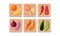 Flat vector set of vegetables and fruits with slices on wooden boards. Orange and peach, pepper, onion, carrot and