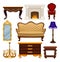 Flat vector set of vintage furniture. Antique sofa and chair, classic fireplace, table and wooden nightstand, wall