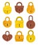 Flat vector set of vintage padlocks decorated with ornamental engraving. Antique hanging locks. Design for postcard