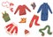 Flat vector set of winter clothes and accessories. Down jackets, pants and sweater, mittens, scarf and hat, boots and