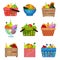 Flat vector set of wooden boxes, bowl, containers, shopping and picnic baskets with fresh fruits. Tasty and healthy food