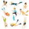 Flat vector set of young divers. People in swimsuits swimming underwater. Active recreation. Scuba diving and snorkeling