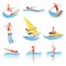 Flat vector set with young men and women involved in various water sports. Active lifestyle. Summer vacation. Outdoor