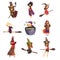 Flat vector set of young witches in different actions. Flying on brooms, cooking potion and posing. Girls in cone hats