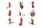 Flat vector set of young witches in different actions. Flying on brooms, cooking potion and posing. Girls in cone hats