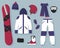 Flat vector of snowboarding equipment and accessories. Winter extreme sports and active recreation