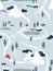 Flat vector winter snowy lanscape seamless pattern. Small village or town with cars, houses and roads in the mountains