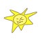 Flat vector yellow cartoon kawaii sun shines iwith bright sunbeams, smiles and winks.