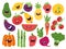 Flat vegetable characters. Funny smiley doodle fruits, hand drawn berries potato onion tomato apples. Vector cute fruits