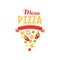 Flat vegetable pizza slice shape logo for pizzeria menu. Creative emblem for cafe or food delivery company. Vector