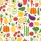 Flat vegetables seamless pattern. Hand drawn colorful fruits, organic natural vegetarian food. Vector doodle vegetables