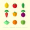 Flat vegetarian icons. Fruit and vegetables icons with shadow on a light background.