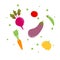 Flat veggies icons set contains beetroot, carrot, pumpkin, tomato, peas, eggplant. Each element isolated
