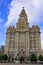 Flat view of the Royal Liver Building, in Liverpool, England.