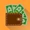 Flat wallet with cash. illustration, icon with long shadow.