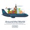 Flat web banners on the theme of travel by airplane, vacation, adventure. Flight in the stratosphere. Around the World.