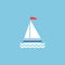Flat white boat with sail and little waving red flag on the top. Isolated on powder blue background