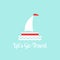 Flat white boat with two sails and little waving red flag on the top