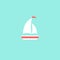 Flat white boat with two sails and little waving red flag on the top. Isolated on powder blue background.