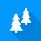 Flat white coniferous trees icon with a long shadow on a blue background.