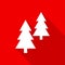Flat white coniferous trees icon with a long shadow on a red background.