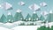 Flat winter animated landscape background. Paper cut art design landscape with trees and hills. 3d rendering