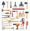 Flat work tools. Hammer and drill, ax and screwdriver. Pliers and saw, wrench and shovel. Construction tool vector