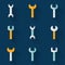 Flat wrench icon set over blue