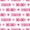 Flat XOXO Valentine`s Day Typography vector seamless pattern. Stripes Patch Hearts. Love. XOXO. Hugs and Kisses