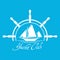 Flat Yacht Club logo icon with helm. Boat logo with water on blu