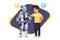 Flat young man talking to robot with speech bubble, robot and people.