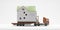 A flatbed articulated lorry loaded with a house isolated on a white background. Both are models. Good image for moving home themes