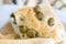 Flatbread italy focaccia olives closeup flat oven baked Italian